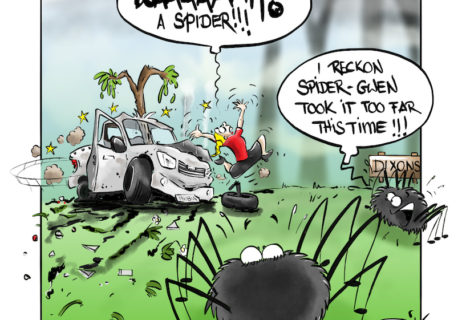 A spider is wrecking a car, resulting in a rollover
